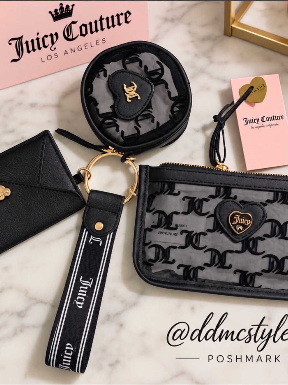 Juicy Couture NWTBlack Mesh Logo Wristlet Pouch Set